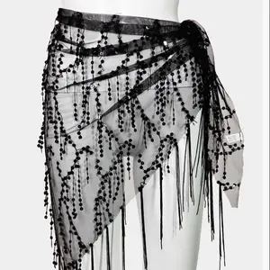 Black Sequin Fringe Mesh Sarong