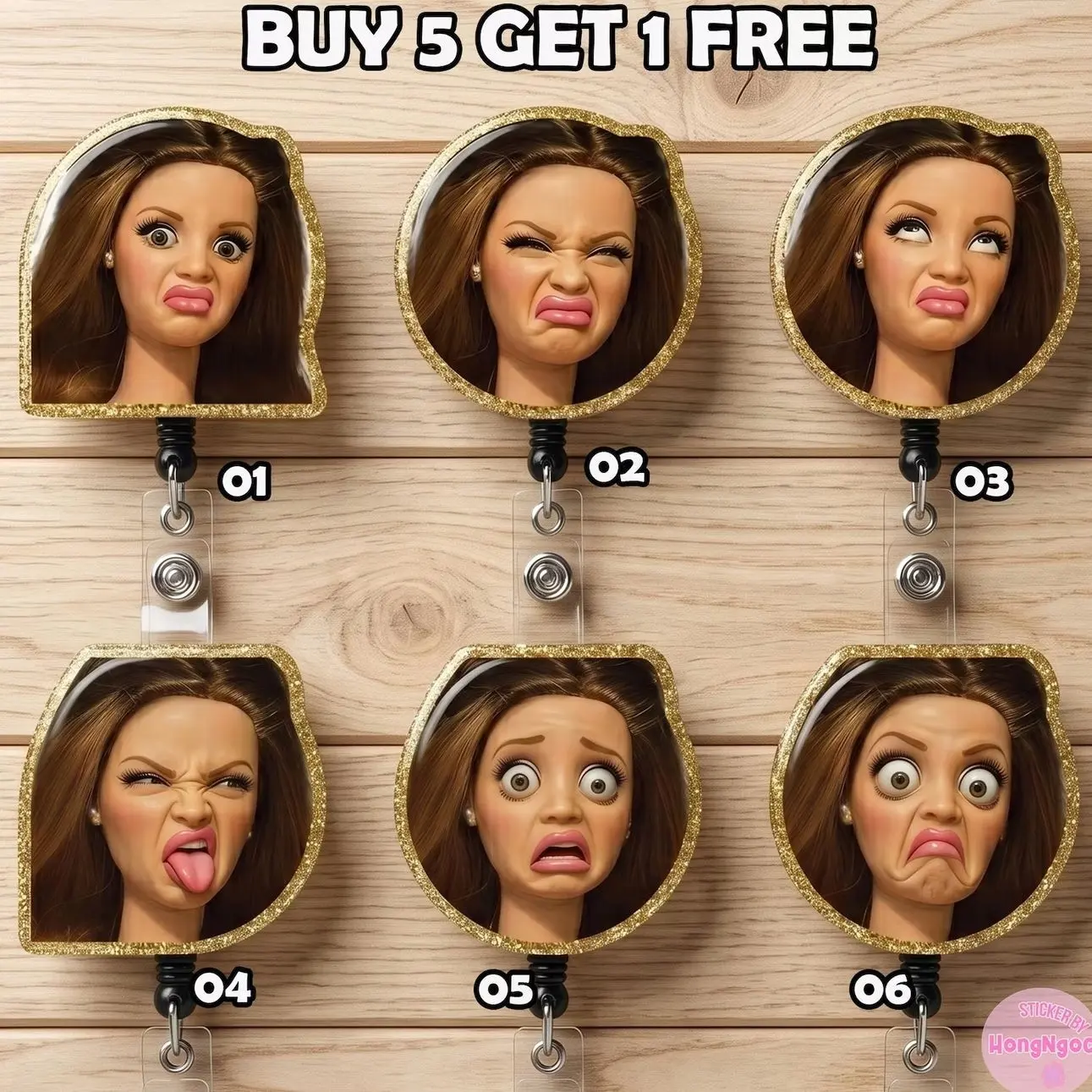 6 ops ( not combo 6) Funny Doll Face Badge Reel Retractable, Sassy Meme Doll ID Badge Holder for Nurses