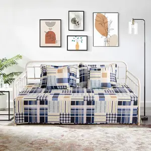 5 Piece Plaid Daybed Cover Set Twin All Season Lightweight Day Bed Comforter with Matching Shams and Decorative Pillows, 39"x75"