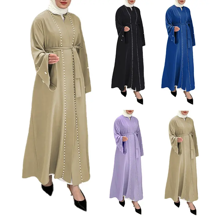 Fashionable Solid Color Flared  Cardigan with Pearl Inlay and Sundress  Splicing Long Sleeve Abaya