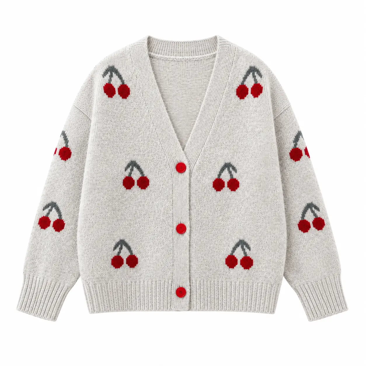 Women’s Cherry Pattern Knit Cardigan, V-Neck 3-Button Long Sleeve Sweater, Cute Retro Preppy Fall Winter Layering Top