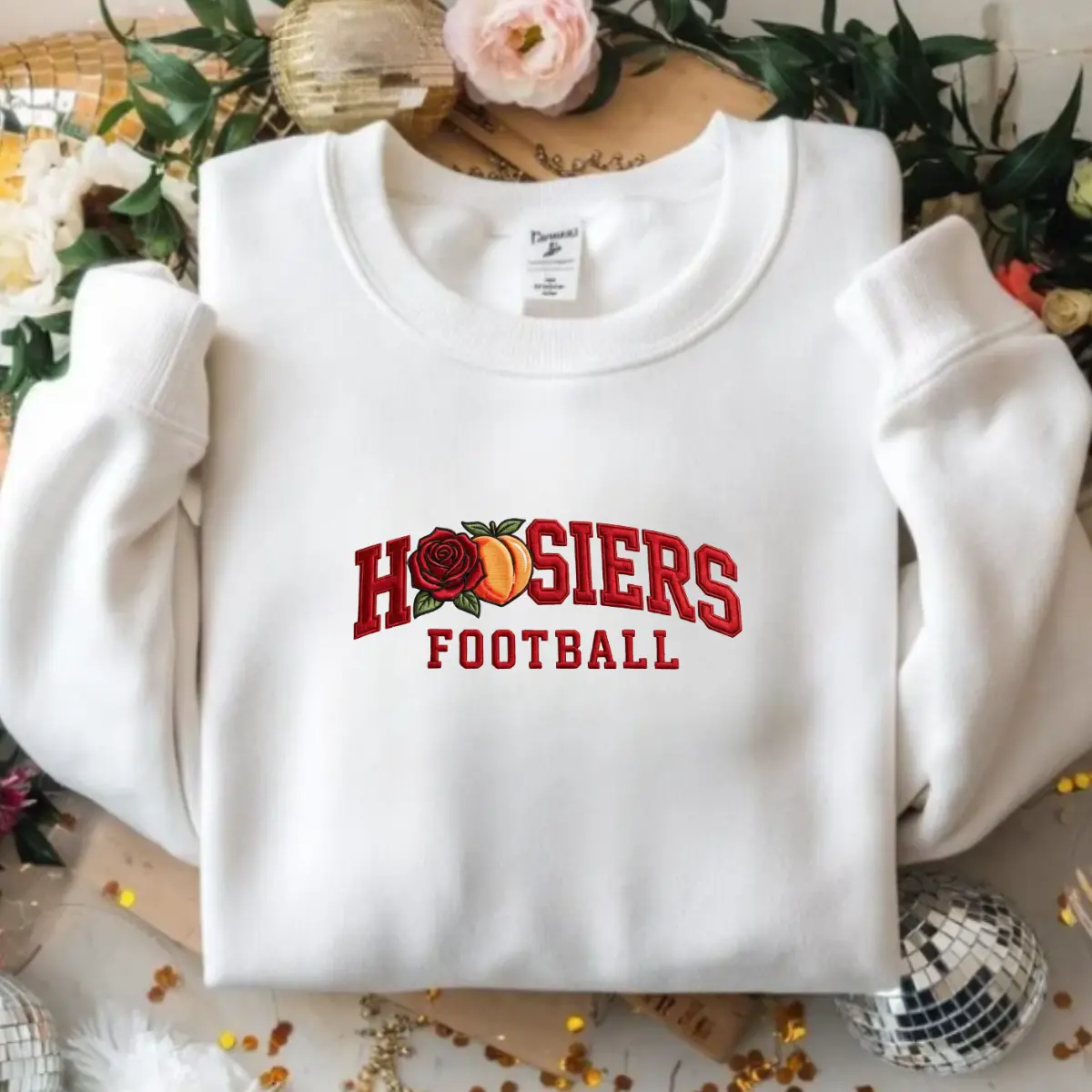 Embroidered Rose & Peach Football Sweatshirt, Vintage College Crewneck, Cozy Sports Gift, Sports Fan Gift