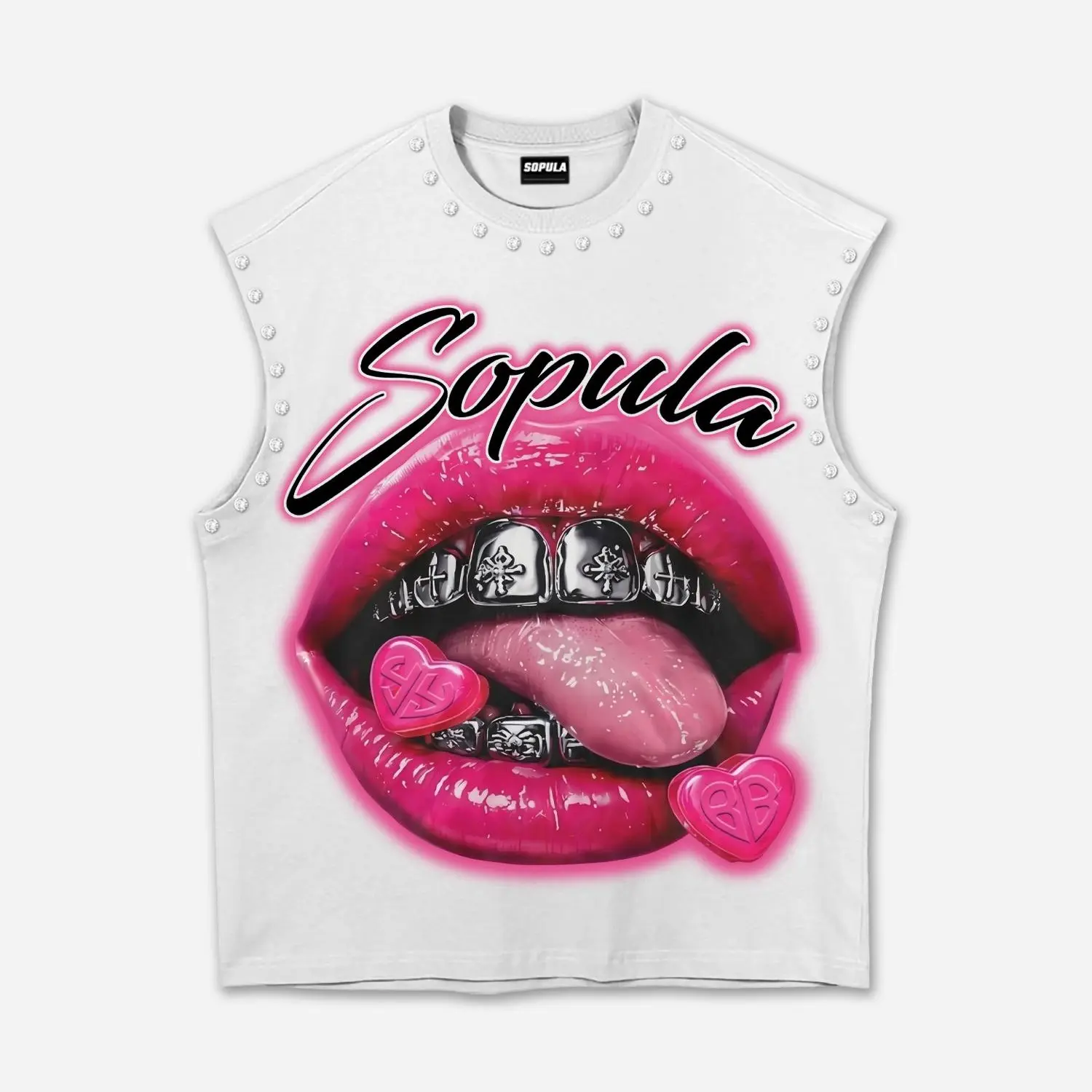Sopula Studio Sleeveless Tank Top ,Vintage Red Lips Graphic, Rhinestone Accents Tank White tank tops for Men's and women's tank tops