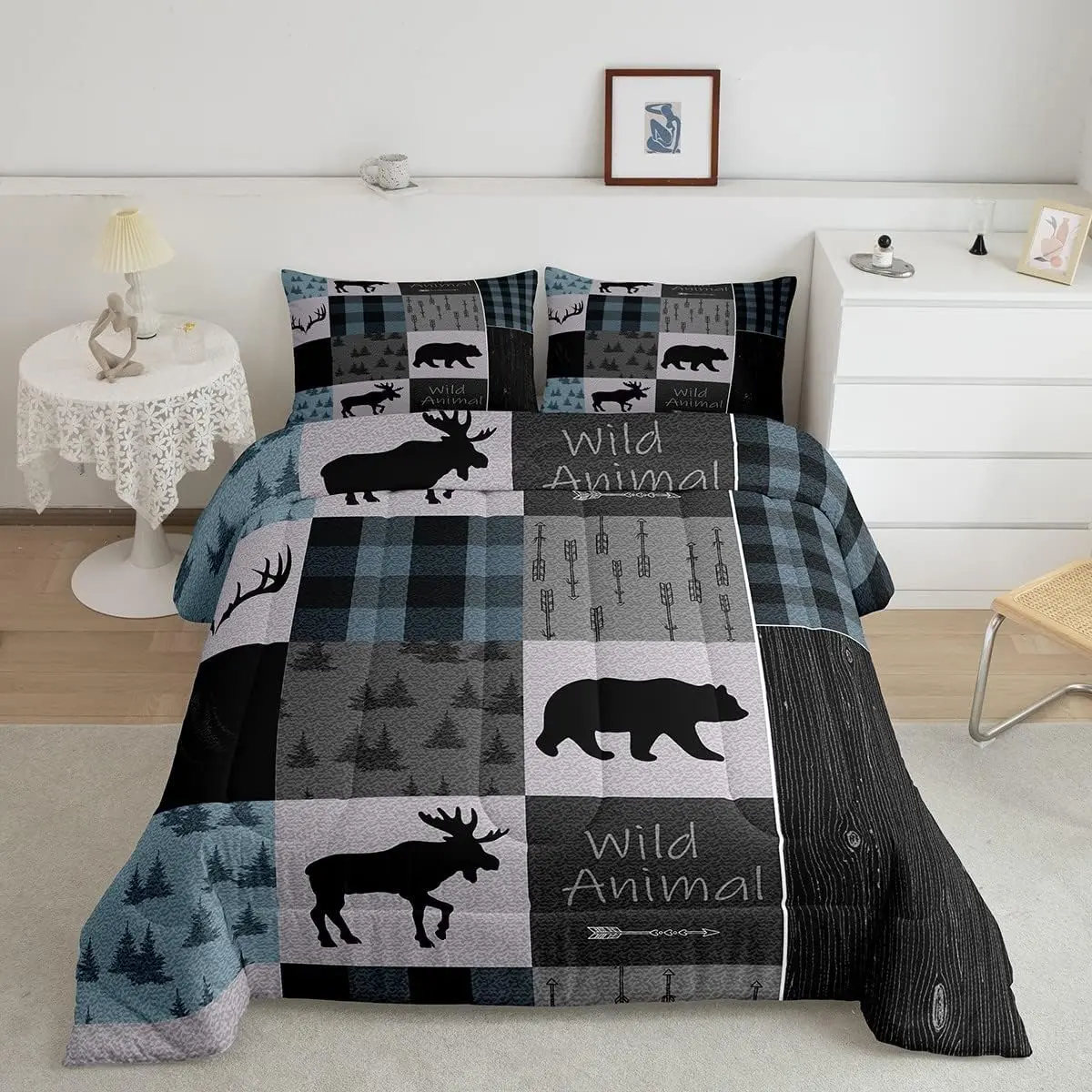 Feelyou Breathable Quilt Set - Luxury Skin-Friendly Animals (Deer,Elk,Bear) Print, Western Home Decor, Camping & Hunting Themed, Multi-Size Sets (Toddler,Twin,Full,Queen) for RV Beds, Kids Quilt, Includes Pillows, Low Heat Tumble Dry