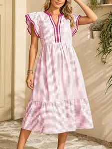 Summer new fashionable and fresh dress, casual and versatile V-neck flutter sleeves, fitted waist to show slimness, A-line mid-length dress, suitable for work commuting, beach vacation, afternoon tea date, picnic