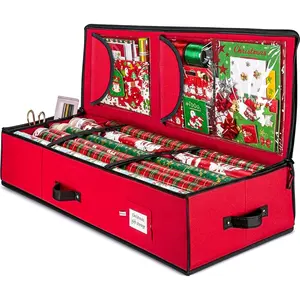 Wrapping Paper Organizer Storage - 40"  Wrap Storage Containers with Interior Pockets for Bows, Tags & Ribbons - Wrapping Paper Holder, 600D Oxford, Fits 24 Standard Rolls, Red/Black