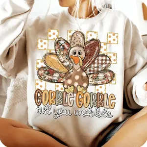 Women's Fitted Cotton Longsleeves Round Neck Pullover - Funny Thanksgiving Gobble Till You Wobble Printed Casual Hoodie, Fall Turkey Trendy Sweatshirt, Thanksgiving Gifts