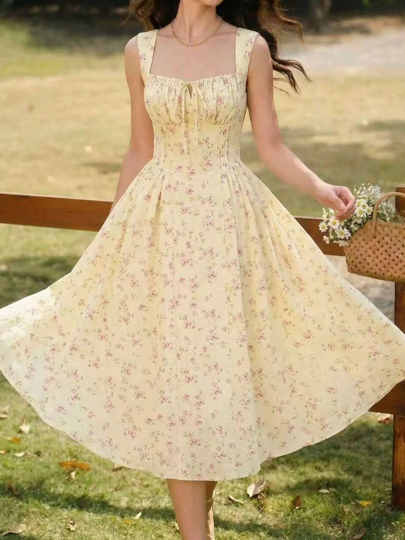Women's Fashion Casual Drawstring Floral Print Sleeveless Dress, Stylish and Comfortable, Perfect for Daily Wear, Trendy and Versatile Design, Summer, Aesthetic, Boho Print Dress, Boho Style Dress