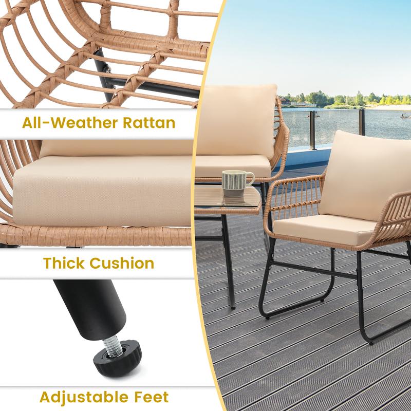 4 Piece Patio Bistro Outdoor Furniture Set, Wicker Sofa, 2 Rattan Chairs, and Table, Backyard Conversation Set, All Weather Cushions, Natural Rattan Beige Cushion ,outdoor furniture 4 Piece Patio Bistro Outdoor Furniture Set, Wicker Sofa, 2 Rattan Chairs, and Table, Backyard Conversation Set, All Weather Cushions, Natural Rattan Beige Cushion ,outdoor furniture