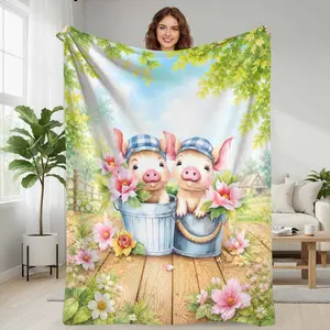 Cute Bunny in Flower Bucket Flannel Blanket  Pastoral Spring Garden Print  Soft Warm Cozy Lightweight Throw  Perfect for Bedroom Decor  Sofa Nap  Home Relaxation  Picnic Outdoor  Holiday Gift