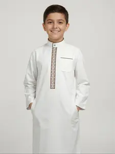 Muslim Boy Embroidered Stand Collar Long Sleeve Thobe with Side Pockets, Suitable for 8-12 Years, Comfortable Fashion Kids Clothing