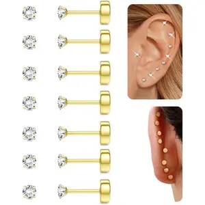 MILACOLATO 18K Plated Gold 5A Cubic Zirconia Threadless Flat Back Earrings Surgical Stainless Steel Cubic Zirconia Earrings for Women Men Earrings Studs Dainty Push Pin Cartilage Earring Hypoallergenic