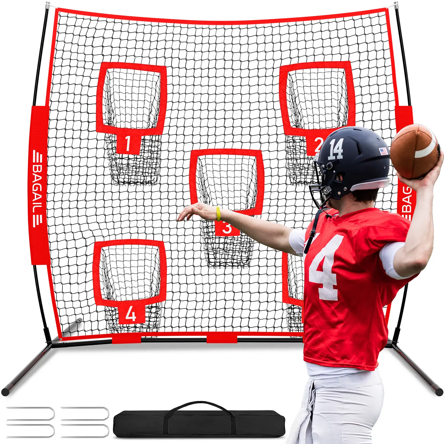 【SummerSale】BAGAIL Football Throwing Net - 5  Target Pockets, Easy Setup, Heavy-Duty - Portable QB Accuracy Trainer, Fun Target Practice Net for Football with Carry Bag