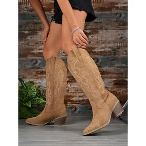 Women's Brown Suede Western Knee-High Boots, Pointed Toe Mid-Heel Cowgirl Boots with Embroidered Detail, Retro Stylish Comfortable Footwear, Versatile Trendy Boots for Daily Outfits, Fashionable Women's Cowboy Shoes with Vintage Vibe, Elegant BootsGift