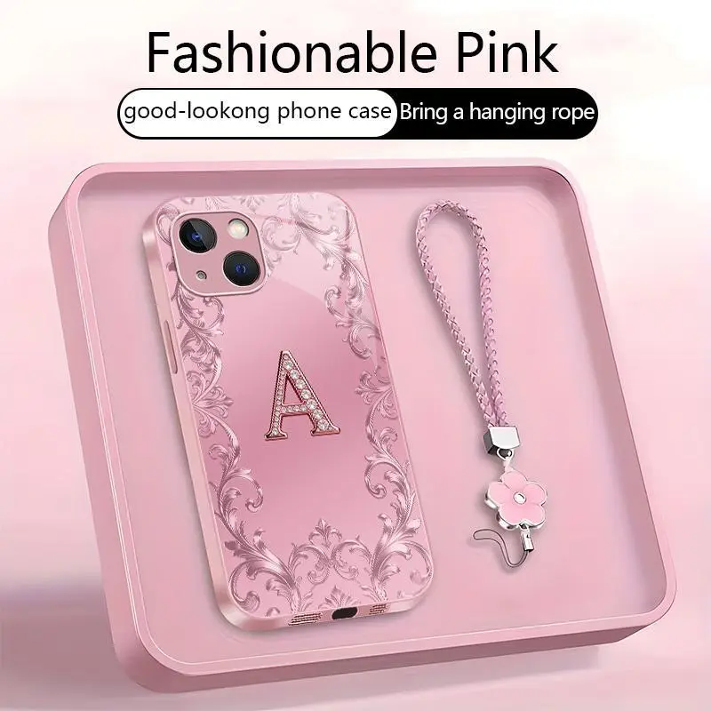 Suitable for [iPhone 13 Mini] high-end women's phone case🥰，free four-leaf clover lanyard included—choose any one of the 26 letters. Drop-resistant and fingerprint-proof. YM99