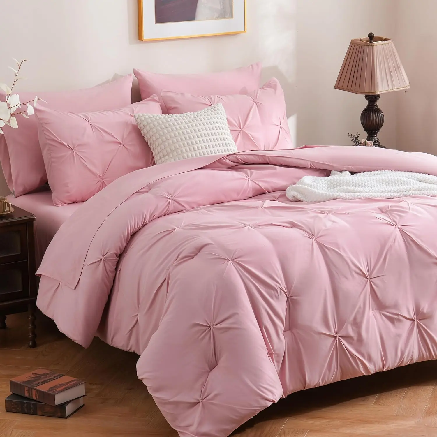 7-Piece Pink Pintuck Bed-in-a-Bag, All-Season Bedding with Comforter, Flat Sheet, Deep Pocket Fitted Sheet (Fits Up to 14"), Pillowcases & Shams, Bedsheet Sets Included, Deep Pocket Fits Up To 14"
