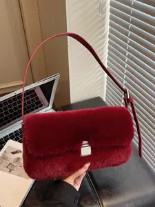 Simple  casual daily single shoulder handbag,  niche design  plush texture single shoulder bag, retro classic baguette bag shape, crescent bag, exquisite metal buck suitable for shopping, dating, afternoon tea, etc. Fashionable Shoulder Bag