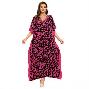 Plus Size Mumu Dresses for Women - Boho Batwing Sleeve Caftan with Side Slits, Long Moo Moo Nightgown & Beach Cover Up - Rose Red
