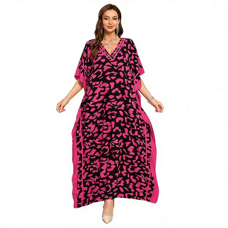 Women's Plus Size Oversize Bohemian Casual Caftan Dress - S to 2XL Viscose Baggy Batwing Sleeve Loose Fit Style, Ethnic Print, Side Slits, Breathable Lightweight Fabric, Machine Washable, Line Dry, Casual Wear, Loungewear, Day Beach Cover Up