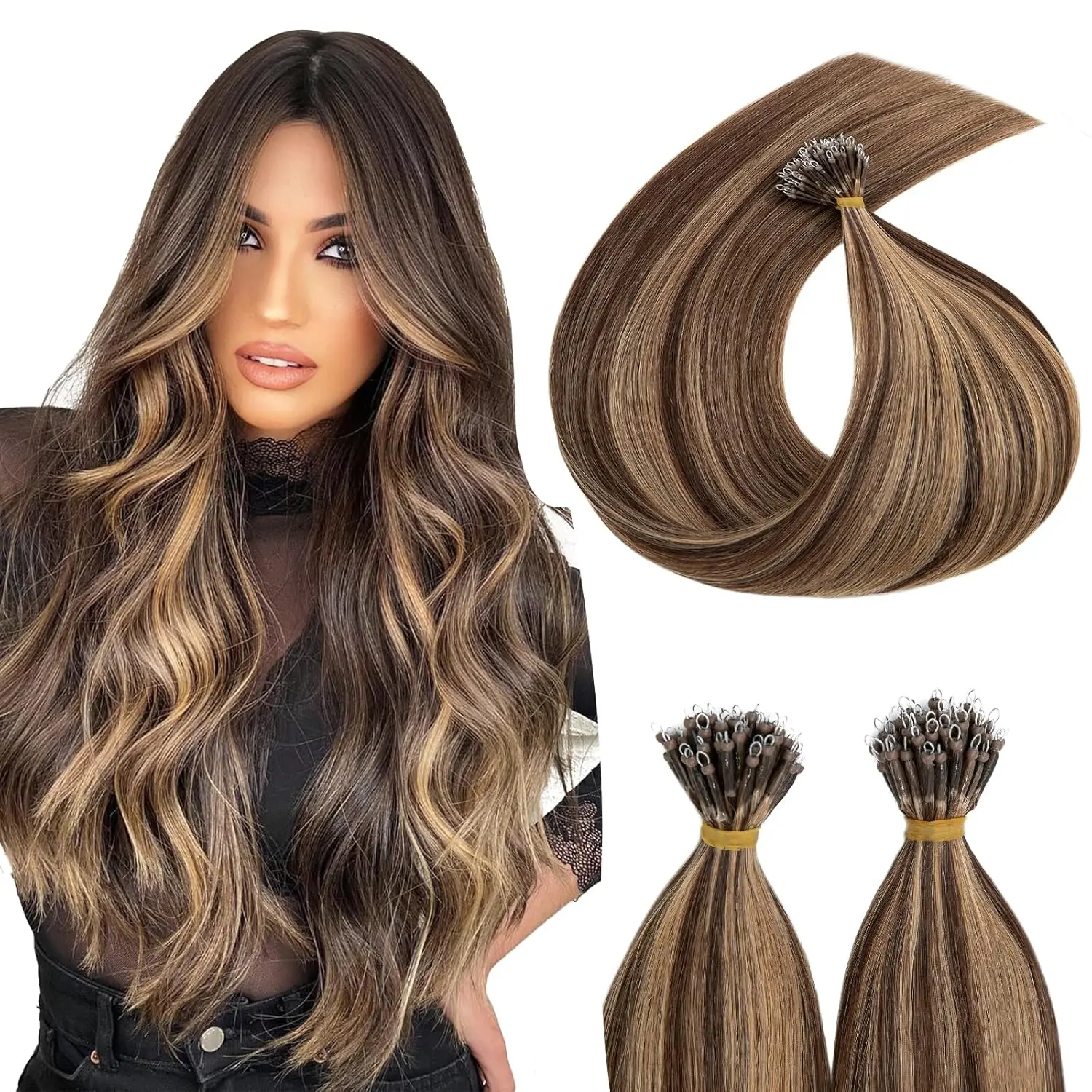 Encharm Nano Tip Human Hair Extensions Human Hair, Nano Beads Balayage Seamless Highlight Pre-bonded Human Extensions for Women, 1g/strand, 50 strands 50g/pack -18 Inch#4/27