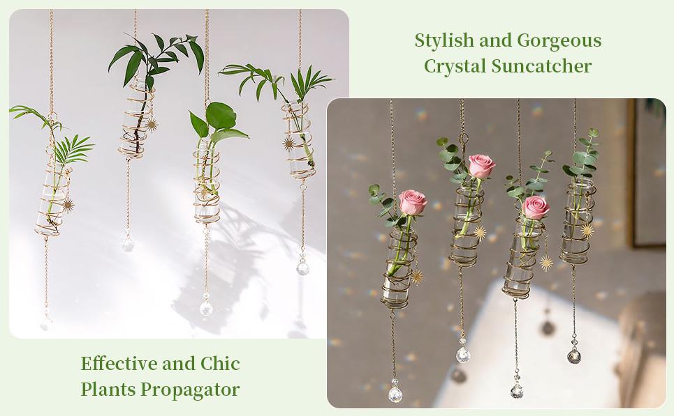 Glasseam 4Pcs Hanging Propagation Stations with Crystal Suncatchers, Glass Tubes Jars with Metal Chain Glass Wall Planters for Indoor Plants Hydroponics