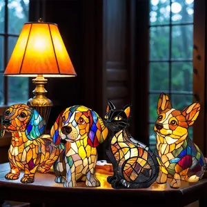 LED 3D Cute Corgi/Pug/Cat Magic Colorful Lamp Art Stained Resin French Tabletop Night Light Room Bedroom Home Desktop Decoration