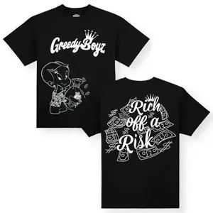 GreedyBoyz T-shirt - Casual Cotton Unisex Short Sleeve Tee with "Rich off a Risk" Design - Machine Washable All Seasons Classic Style Novelty Graphic T-Shirt for Men & Women