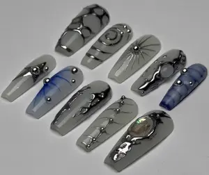 Cybercore Nail Art Y2K Chrome Press On Nails White Blue Silver Glossy Retro Style 10 Nails Adhesive Tabs Glue Bottle XS-9mm Sizes Customizable Travel Friendly