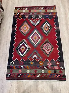 Vintage Turkish Kilim Rug – 4.6 x 7.4 ft, Red Black Geometric Wool Rug