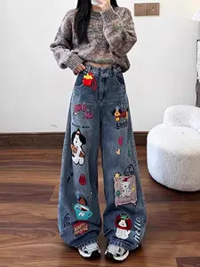Women's Cartoon Dog Embroidery Patchwork Baggy Wide Leg Jeans Vintage Washed High Waist Y2K Denim Pants