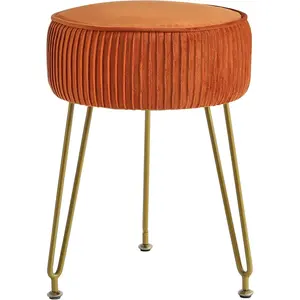 Velvet Round Footrest Stool Ottoman, Makeup Vanity Stool Side Table, Velvet Dressing Table Seat, Pouf Couch Stool, Golden Steel Legs, Orange