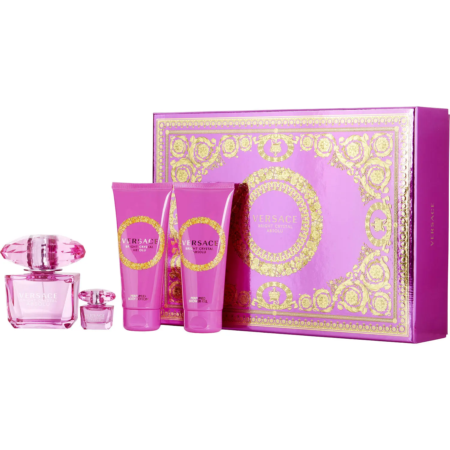 Versace Bright Crystal Absolu Set-Eau De Parfum Spray 3 Oz & Body Lotion 3.4 Oz & Shower Gel 3.4 Oz & Eau De Parfum 0.17 Oz Mini For Women