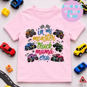 YOUTH & ADULT In My Monster Truck Mama Era T-Shirt, Funny Monster Truck Mom Tee, Checkered Racing Shirt, Colorful Boy Mom Top, Race Day Shirt
