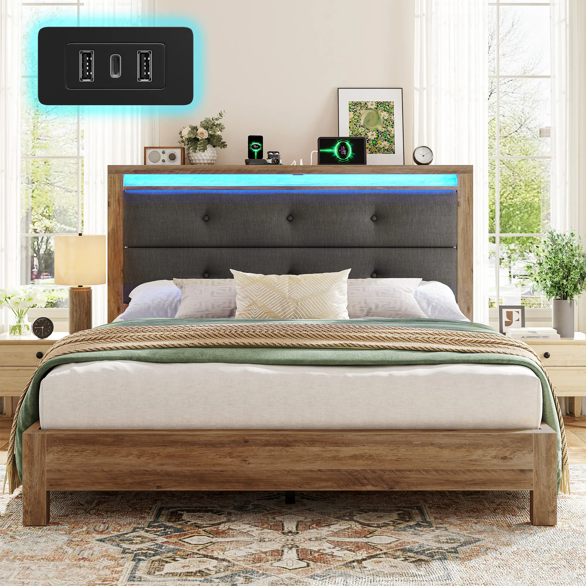 Raybee Wooden Queen Size LED Bed Frame, Luxury Upholstered Bed Frame with Storage Headboard & Built-In Charging Station, Wooden Moden MInimalist Platform Bed Frame for Bedroom, Apartment, Studio, Dormitory, No Box Spring Needed, No Noise, Easy Assembly