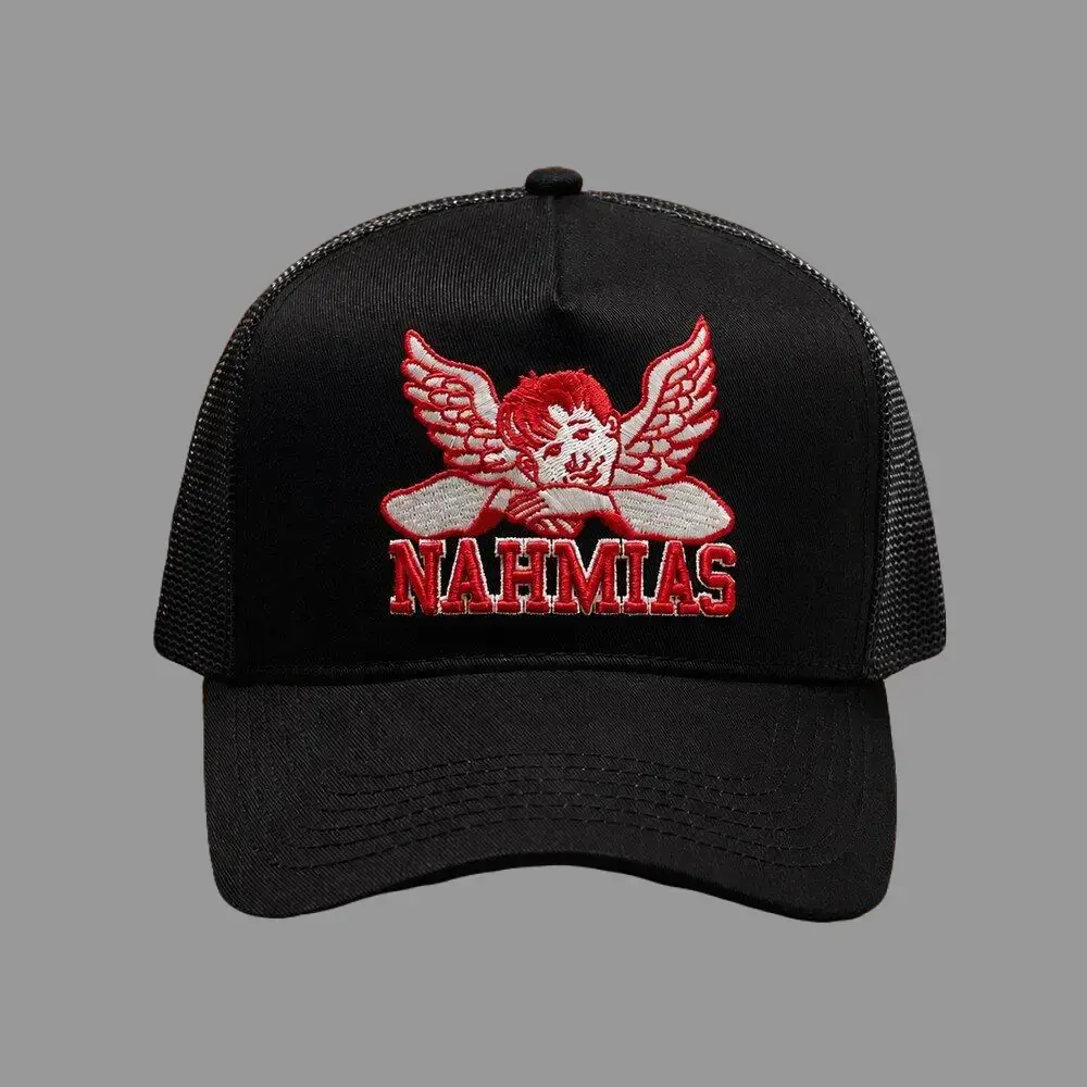 Nahmias Angel Embroidered Trucker Cap - Lewis Hamilton Unisex Adjustable Cotton Dad Hat for Outdoor Summer Style - Distressed Black, Hot TikTok Fashion Trend