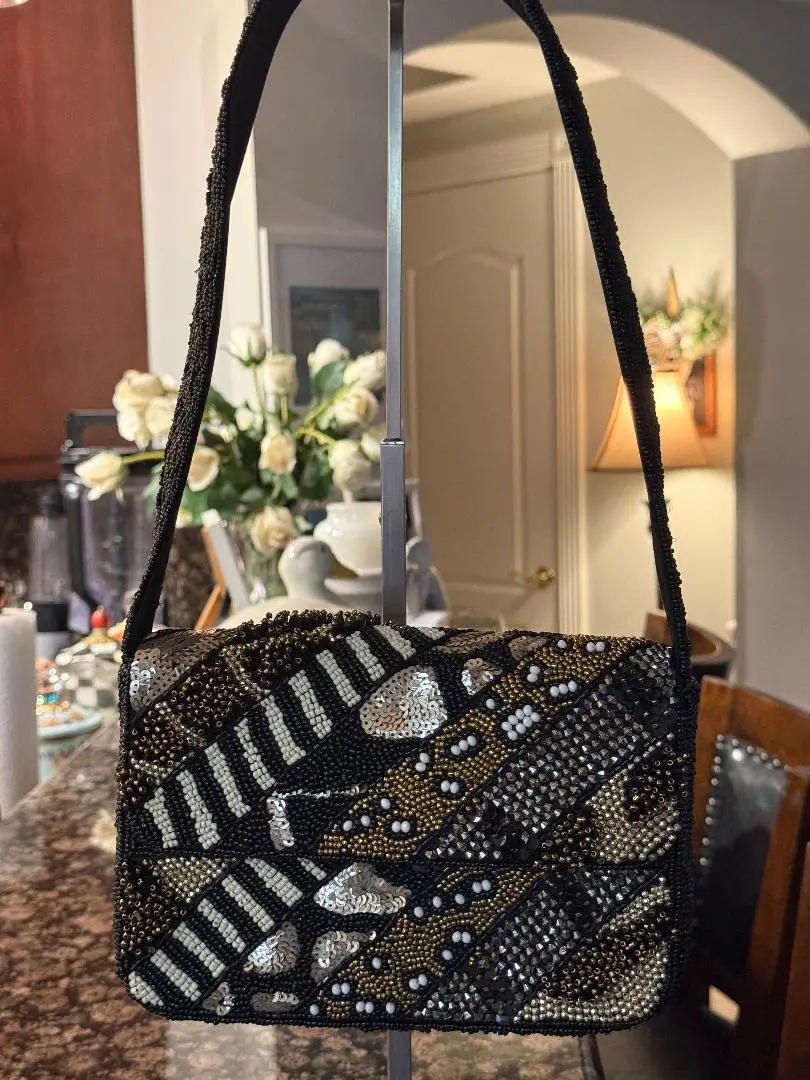 Trending Beaded Bags and Resort Collection - Black & Gold Sequined Shoulder Bag