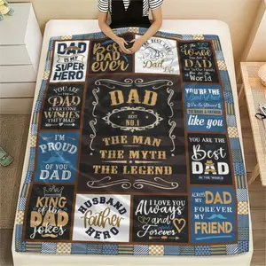 "The Man, The Myth, The Legend" Dad Patchwork Throw Blanket - Vintage Quilt Style Print Flannel Blanket, Cozy Soft Blanket with "Best Dad Ever" & "Super Hero" Quotes, Perfect Father's Day Gift
