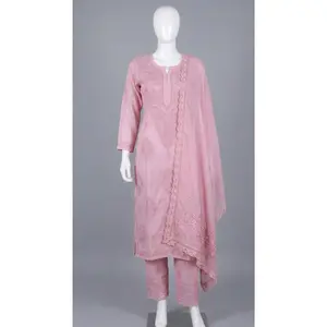 Blush Pink Embroidered Masleen 3 Pc Kurti Plazo Set with Dupatta