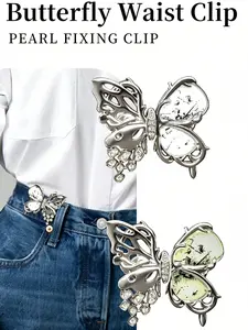 2pcs Butterfly Waist Cinch Set, Rhinestone Design, Reusable, Non-Damaging, Essential for Jeans, Fits Various Pants, Adjustable Waistband