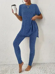 Women's Solid Color Top & Leggings Two-piece Set, Casual Fashion Cozy Fitted Top & Skinny Pants for Daily Outdoor Wear, Ladies Summer Clothes Outfits, Casual Matching Set
