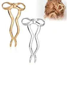 2pcs Metal Bow Hair Forks, Vintage French Bun Pins with Wavy Prongs, Elegant Chignon & Updo Hair Sticks for Women, Hairpins, & Silver Color
