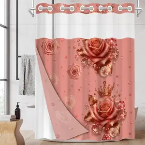 1pc hookless shower curtain with buckle lining, spring pink and gold rose crown design, 2D flat printing, fabric waterproof lining, see-through double shower curtain, 71 x 74 inches, modern home draping curtain.