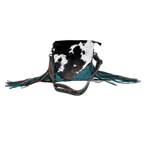 Myra Cobal Blue Concealed Carry Bag â€“ Hair-On Leather Crossbody with Embossed Turquoise Panel and Fringe Detailing