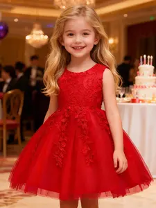 Girl's Contrast Lace Appliques Big Bow Decor Tulle Dress, Elegant Sleeveless Round Neck Midi Dress for Party Performance Wedding Guest, Kids Clothes for All Seasons