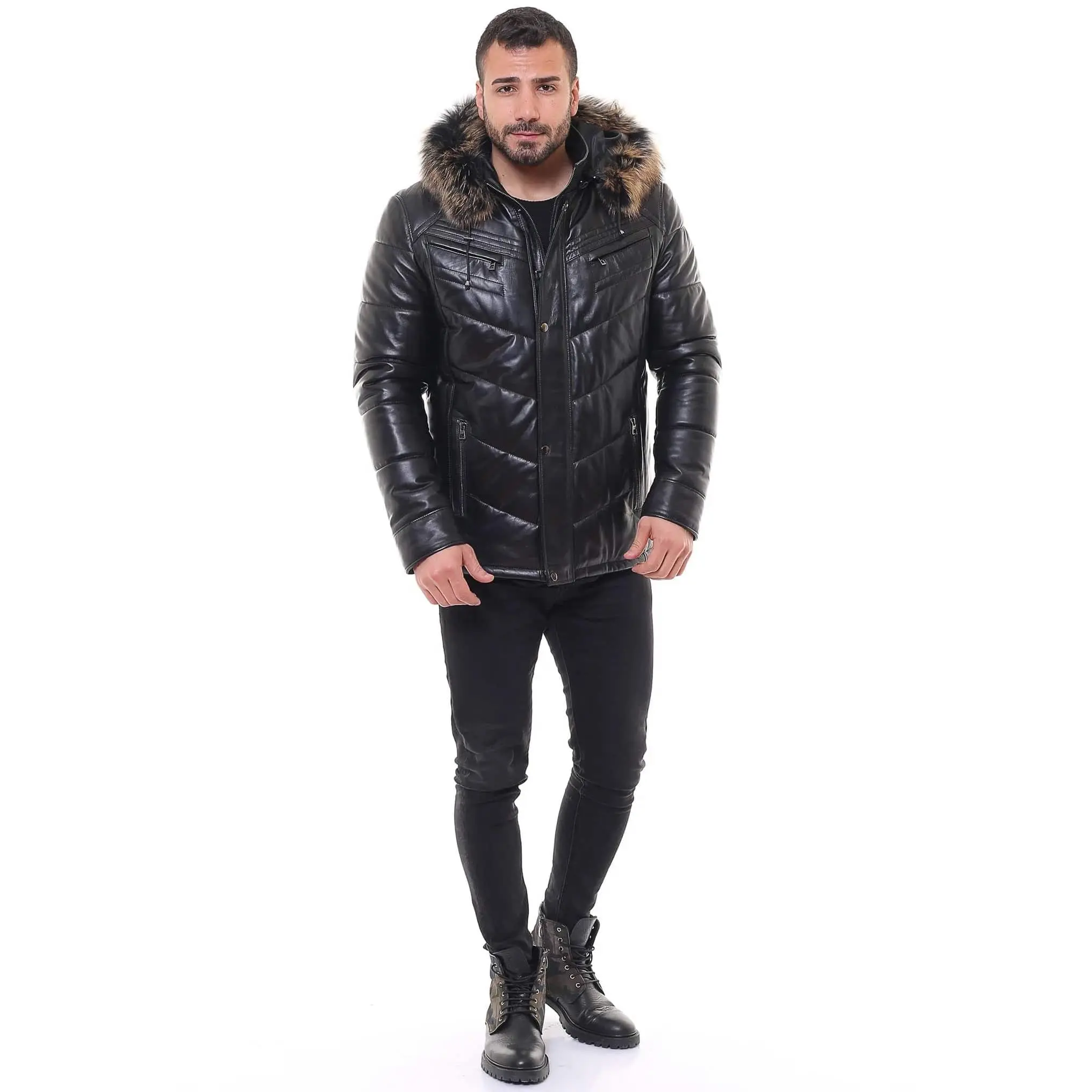 Barya Men's Down Puffer Leather Coat