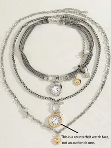 3pcs Vintage Heart-Shaped Clock Dial Pendant Necklace Set, Elegant Chain Necklace, Suitable For Daily Wear, Holiday Party Gift, Christmas Gift