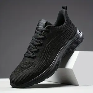 Men's lightweight breathable running shoes - non-slip EVA sole, striped knitted fabric, comfortable for all-season sports, travel and casual wear (black/white/navy blue), stylish sports design |   Durable, non-slip soles, fitness shoes