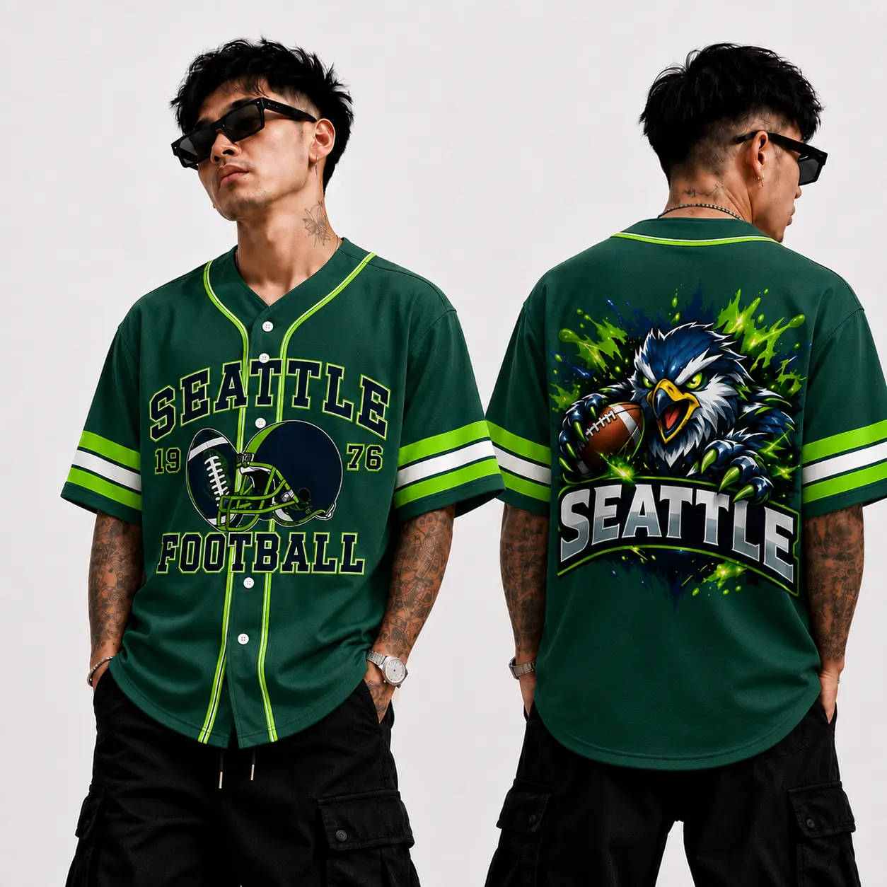 Seattle Football Game Day Baseball Jersey – Green Short Sleeve Button Down Sports Shirt, Retro Helmet & Eagle Graphic, Unisex Football Fan Apparel