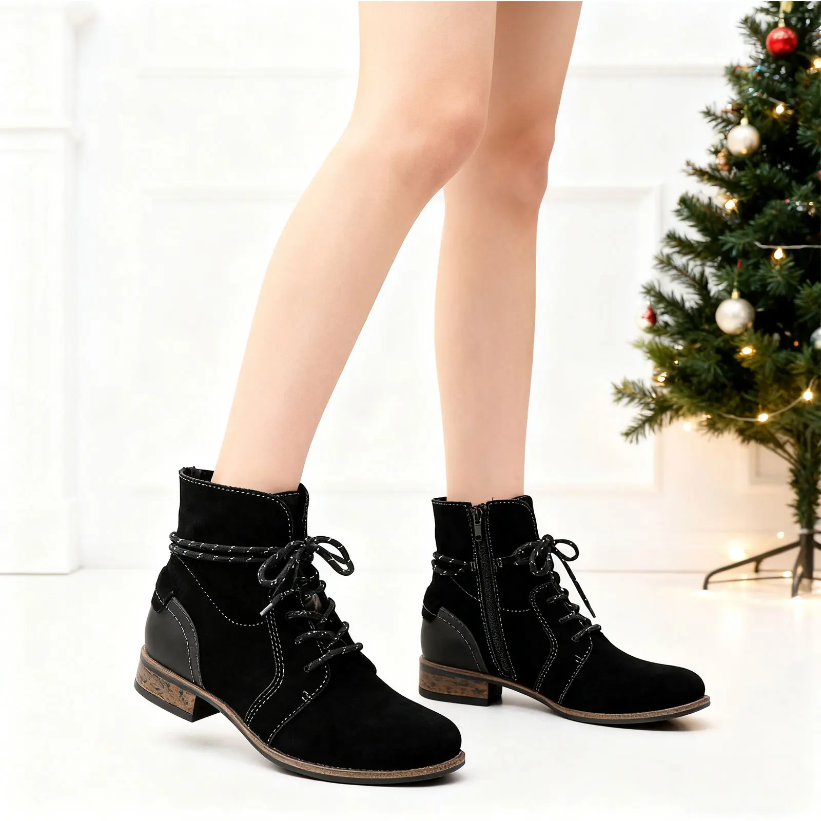 Women's Lace-Up Wide Width Combat Boots Ankle Boots Faux Suede Low Chunky Block Heel Footwear with Side Zipper Fashion Comfortable Round Toe Fall Winter Short Boots Girl Casual Dress Shoes