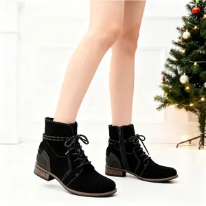 Women's Lace-Up Wide Width Combat Boots Ankle Boots Faux Suede Low Chunky Block Heel Footwear with Side Zipper Fashion Comfortable Round Toe Fall Winter Short Boots Girl Casual Dress Shoes